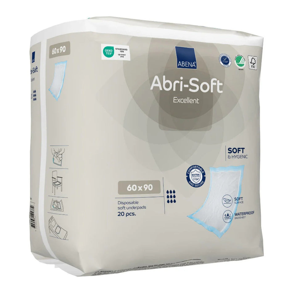 ABENA Abri-Soft Excellent Einmalunterlagen 60 x 90 cm, Verpackung mit 20 Stück in Schrägansicht