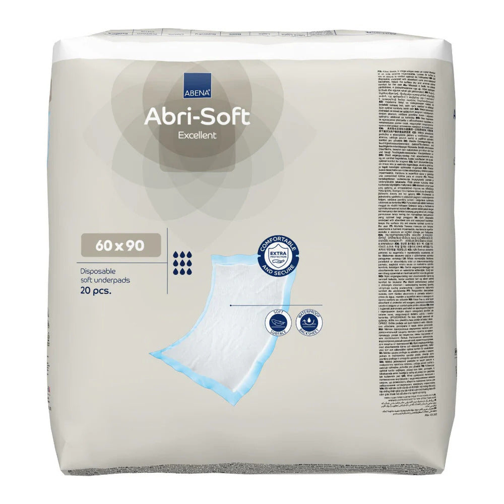 ABENA Abri-Soft Excellent Einmalunterlagen 60 x 90 cm, Rückseite der Packung mit Produktinformationen