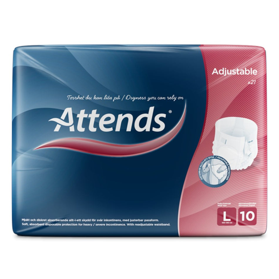 Sicht auf eine Packung mit Attends Adjustables 10 Tropfen in L. Die Packung ist überwiegend in Weiß und Blau gehalten und präsentiert deutlich das Produktlogo sowie die tropfenförmige Einstufung für den Saugkomfort. Im Hintergrund sind vereinfachte grafische Darstellungen von den Vorteilen der Inkontinenzprodukte abgebildet. Die Verpackung hebt sich klar von einem neutralen Hintergrund ab.