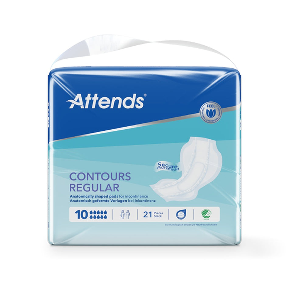 Ein Paket mit Attends Contours Regular 10 Einlagen für Inkontinenz, präsentiert in einem weißen Karton. Die Vorderseite zeigt das Produktlogo sowie eine grafische Darstellung der Einlage, die in verschiedenen Farben und Farbtönen abgebildet ist. Die Einlagen sind leicht gewölbt und bieten einen hohen Komfort. Auf dem Karton sind Hinweise zur Saugfähigkeit, Größe und Verwendung abgebildet. Hintergrund ist hell und unauffällig, wodurch der Fokus auf dem Produkt liegt.