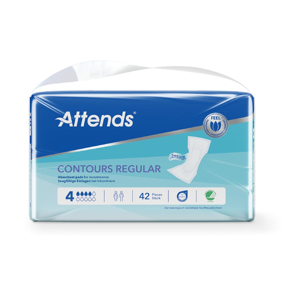 Alt-Text: Das Bild zeigt die Attends Contours Regular 4, eine Packung mit Inkontinenzhilfen in einem modernen Design. Im Vordergrund sind drei Lagen der Produkte sichtbar, die unterschiedlich gefaltet sind, um ihre Saugfähigkeit und Form zu demonstrieren. Die weißen Produkte sind sanft und atmungsaktiv, mit einem blauen Rand für zusätzlichen Komfort. Der Hintergrund ist neutral, wodurch der Fokus auf dem Produkt liegt.