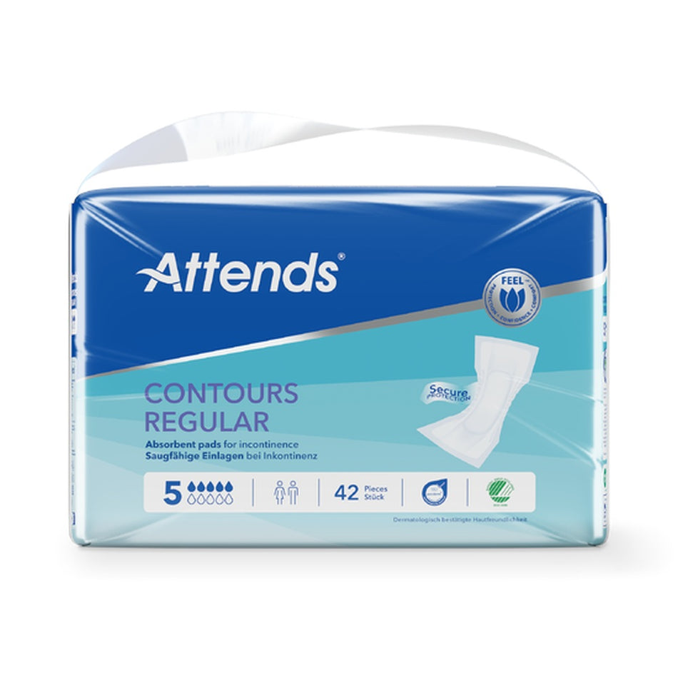 Produktabbildung von Attends Contours Regular 5, einem mehrfach verwendbaren Inkontinenzprodukt. Die Packung zeigt eine durchsichtige Kunststoffverpackung mit einer grafischen Darstellung des Produkts. Darauf sind die Größeninformationen und die Anzahl der enthaltenen Produkte deutlich sichtbar. Im Hintergrund sind dezent gehaltene Farben, wobei Blau- und Weißtöne dominieren. Das Design vermittelt Klarheit und Hygiene.