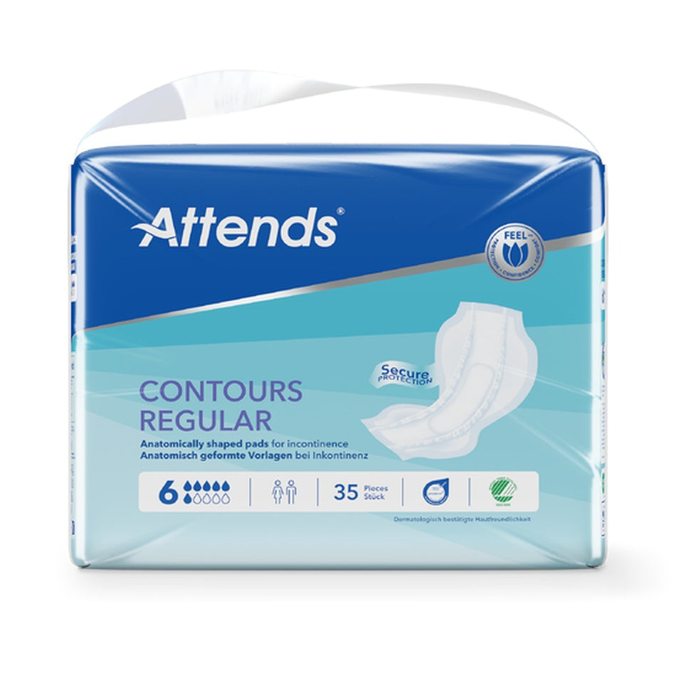 Produktbild von Attends Contours Regular 6, Inkontinenzversorgung. Die Verpackung zeigt ein ansprechendes, modernes Design mit den Schriftzügen „Attends“ und „Contours Regular 6“. Die Vorderseite hebt die wichtigsten Merkmale wie Saugfähigkeit und Komfort hervor. Farbliche Akzente in Blau und Weiß sorgen für eine angenehme visuelle Darstellung. Die Verpackung ist leicht und handlich, ideal für den täglichen Gebrauch. Im Hintergrund ist ein neutraler Farbton zu sehen, der das Produkt hervorhebt.