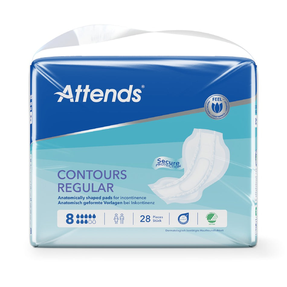Ein Paket mit Attends Contours Regular 8 Einlagen auf einem weißen Hintergrund. Das Produkt zeigt eine klare Verpackung, die die Einlagen enthält. Auf der Vorderseite der Verpackung sind der Produktname "Attends Contours Regular 8" und das Logo deutlich zu sehen. Die Einlagen sind in einer ergonomischen Form gestaltet, um den Komfort zu maximieren. Die Verpackung hebt die Vorteile der Einlagen hervor, darunter Saugfähigkeit und Diskretion.