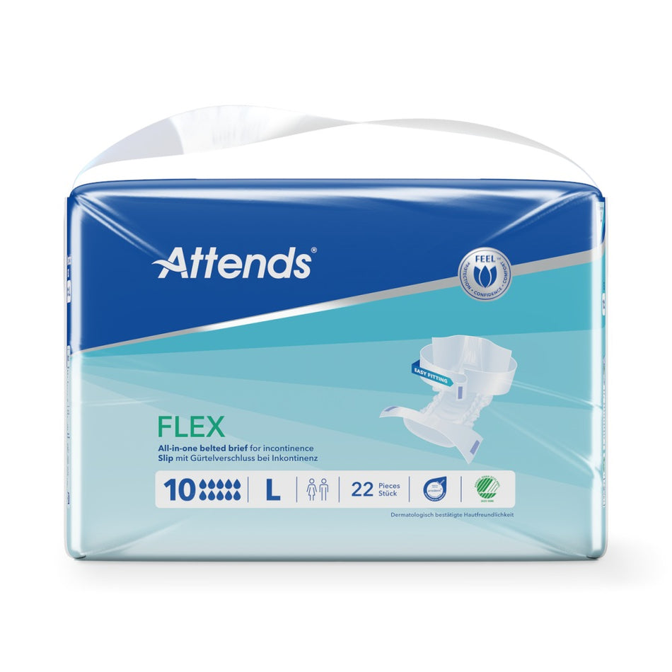 Ein Produktbild zeigt ein Paket mit Attends Flex 10 Large Inkontinenzschutz. Die Verpackung ist farbenfroh und enthält die Produktbezeichnung sowie das Markenzeichen. Im Vordergrund sind Bilder der Schutzunterwäsche zu sehen, die eine anatomisch angepasste Form aufweisen. Die Vorderseite der Verpackung hebt die absorbierenden Eigenschaften und die Größe Large hervor. Weiße und blaue Farbnuancen dominieren das Design, das medizinische Zuverlässigkeit vermittelt.