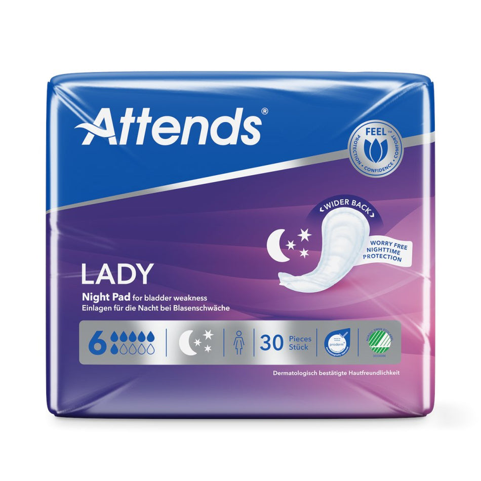 Produktbild eines Attends Lady Night Pads, das speziell für die nächtliche Nutzung konzipiert ist. Das Pad zeichnet sich durch eine anatomische Form und eine angenehme Oberfläche aus, die für maximales Wohlgefühl sorgt. Es ist in sanften Farben gehalten, mit einer hellblauen Packung, die das Produkt von der Marke Attends zeigt. Im Hintergrund ist eine dezente, beruhigende Gestaltung zu erkennen, die das Thema Komfort und Sicherheit betont.