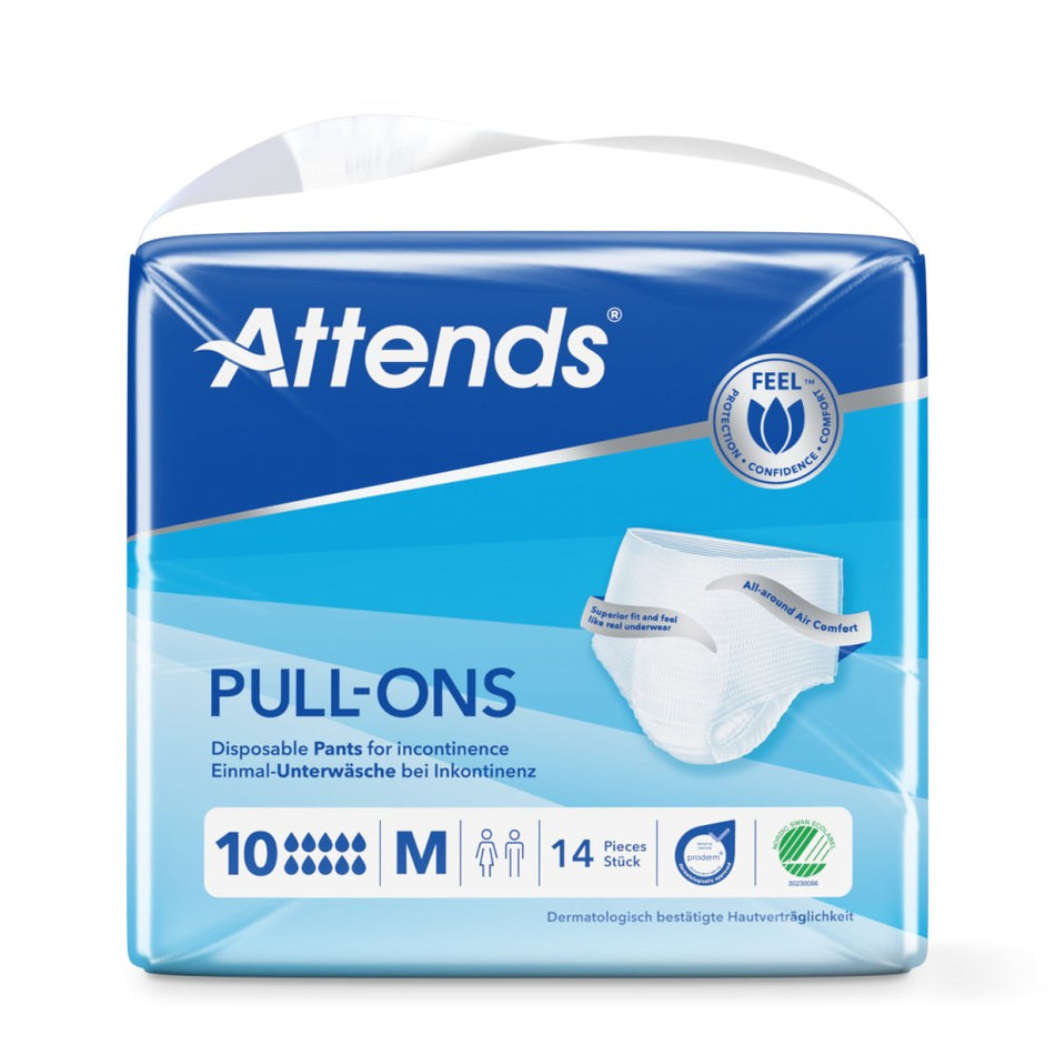Bild eines Pakets mit Attends Pull-Ons, Größe M, für Erwachsene. Die Verpackung ist hellblau mit weißen und grünen Akzenten. Der Produktname „Attends Pull-Ons“ sowie die Größe „M“ sind deutlich lesbar auf der Vorderseite abgebildet. Auf der linken Seite ist eine Abbildung des Produkts, das einen elastischen Slip darstellt, der zur Inkontinenzpflege geeignet ist. Die Vorderseite zeigt auch Hinweise zur Saugfähigkeit und den Verwendungszweck.