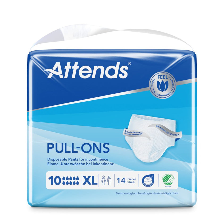Ein Produktbild zeigt verschiedene Packungen von Attends Pull-Ons, einer Inkontinenzhilfe. Die Verpackungen sind in verschiedenen Größen und Varianten abgebildet, wobei das Hauptaugenmerk auf der XL-Größe liegt. Die Verpackungen sind farblich harmonisch gestaltet, mit einem klaren, modernen Design. Auf jeder Packung sind Informationen über die Größe, Saugfähigkeit und Verwendung abgebildet. Der Hintergrund ist neutral, um die Produkte hervorzuheben.
