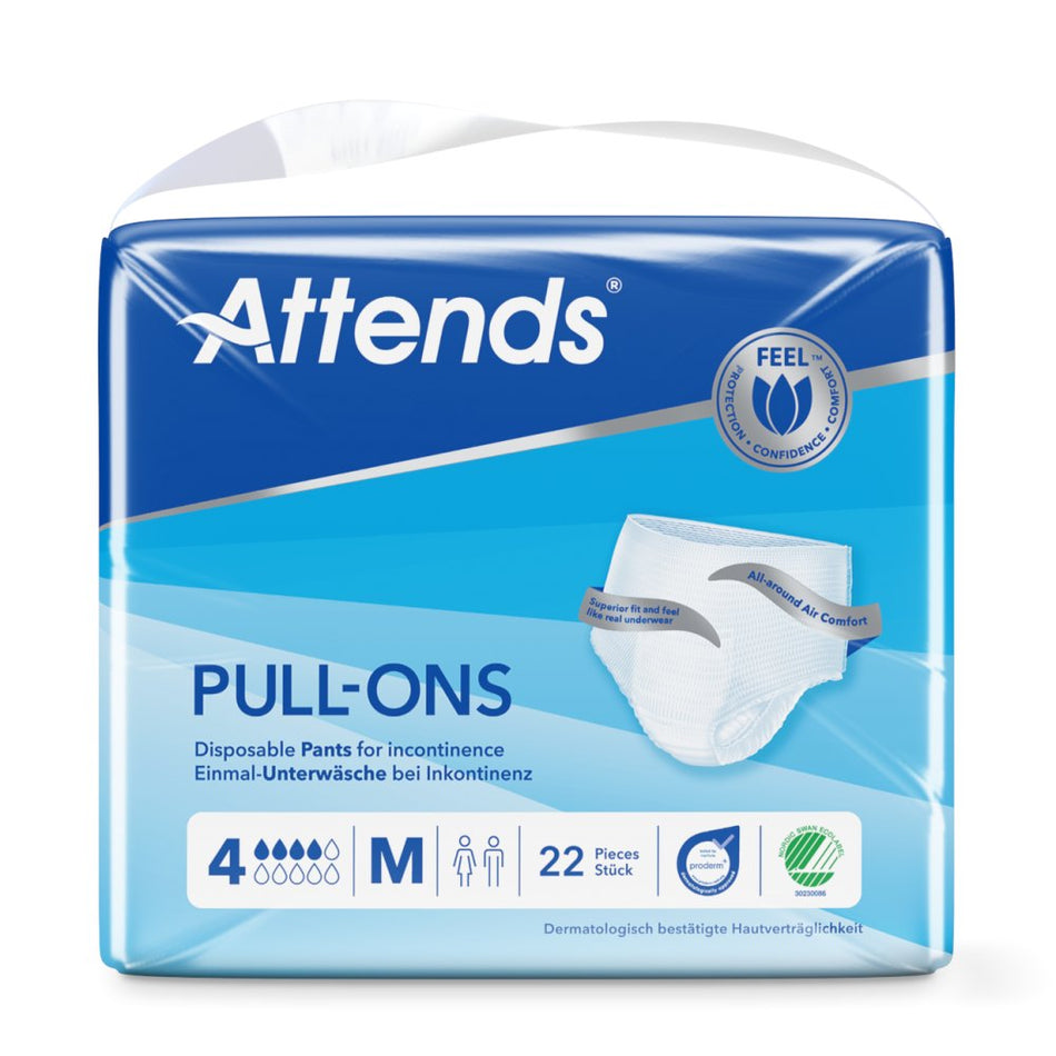 Auf dem Bild ist ein Paket mit Attends Pull-Ons der Größe Medium zu sehen. Die Verpackung ist überwiegend blau und zeigt das markante Attends-Logo sowie die Produktbezeichnung. Das Paket enthält mehrere Einzelstücke, die an der Vorderseite teilweise sichtbar sind. Die Pull-Ons wirken weich und elastisch. Im Hintergrund könnte leicht unscharf ein neutraler, heller Untergrund zu sehen sein. Die Gesamtästhetik vermittelt einen Eindruck von Hygiene und Komfort, ideal für den Pflegebedarf.