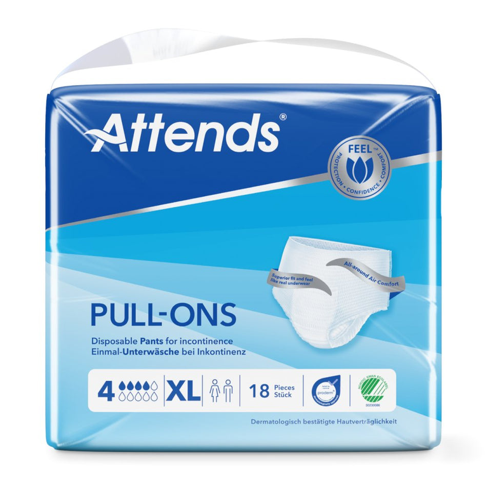 Auf dem Bild sind Attends Pull-Ons in der Größe XL abgebildet. Die Training Pants sind in einem sanften Weißton mit einem dezenten, blauen Design verziert. Die Vorderseite zeigt eine glatte, nahtlose Oberfläche, während die Seiten mit elastischen Bündchen für einen sicheren Sitz versehen sind. Die Verpackung ist professionell gestaltet, mit klaren Angaben zur Produktnutzung und den Größenoptionen. Im Hintergrund ist ein neutraler, verschwommener Untergrund zu sehen, der den Fokus auf das Produkt lenkt.