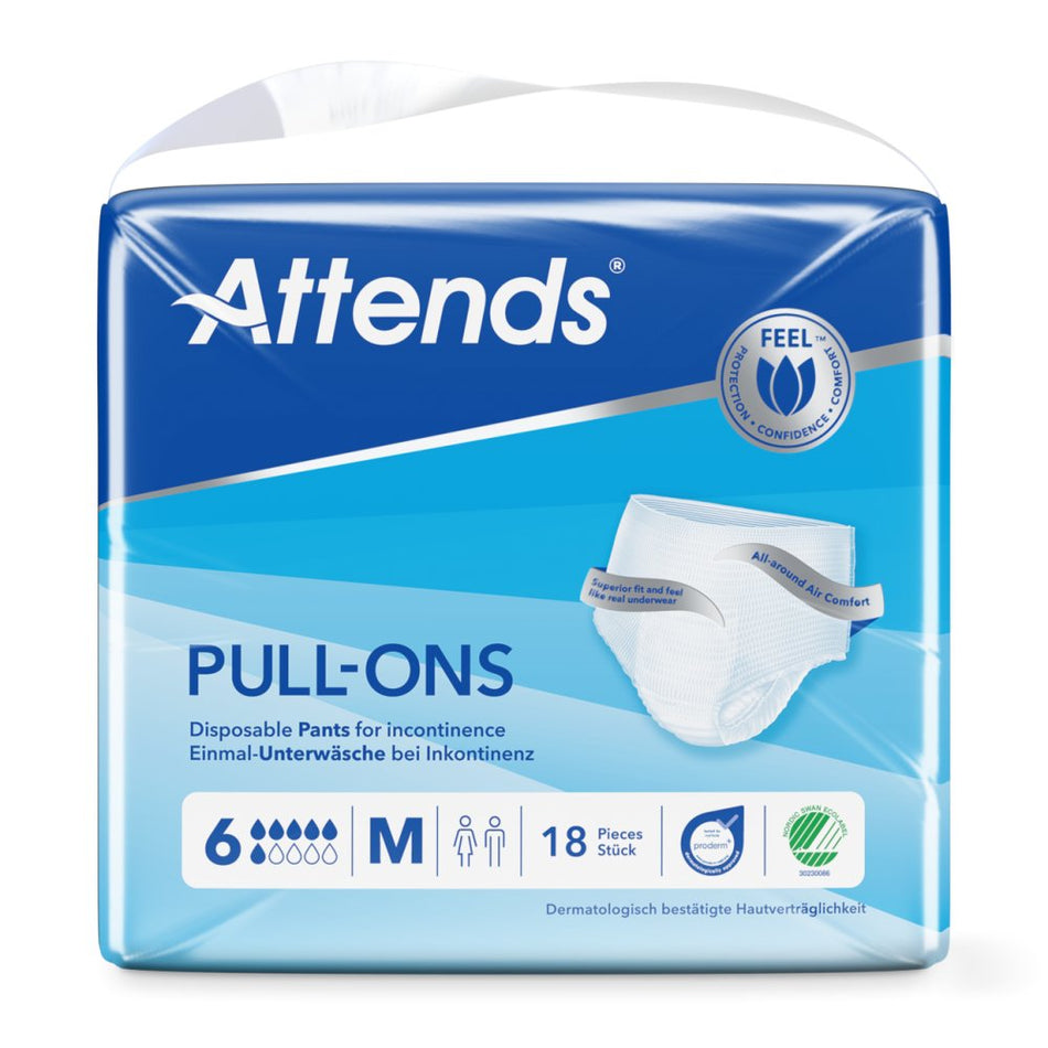 Alt-Text: Das Bild zeigt eine Packung von Attends Pull-Ons in der Größe M mit einer Tropfenanzahl von 6. Die Vorderseite der Verpackung ist in leuchtendem Blau und Weiß gehalten, mit einem großen, gut lesbaren Schriftzug des Markennamens „Attends“. Zudem sind Grafiken abgebildet, die die Saugfähigkeit und den Komfort der Inkontinenzunterwäsche betonen. Im Hintergrund sind sanfte, helle Farbtöne zu erkennen, die eine ruhige Atmosphäre schaffen.