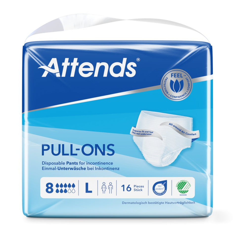 Attends Pull-Ons Größe L, weich und atmungsaktiv, liegen auf einem hellen Untergrund. Sie sind in einem leichten Blau mit dezentem Muster gestaltet. Die Hose hat elastische Bündchen für optimalen Sitz und Komfort. Auf der Oberseite sind Hinweise zur Größe sichtbar. Das Produkt vermittelt ein Gefühl von Diskretion und Sicherheit, geeignet für aktive Nutzer. Die Sichtbarkeit der Materialstruktur unterstreicht die hohe Qualität.