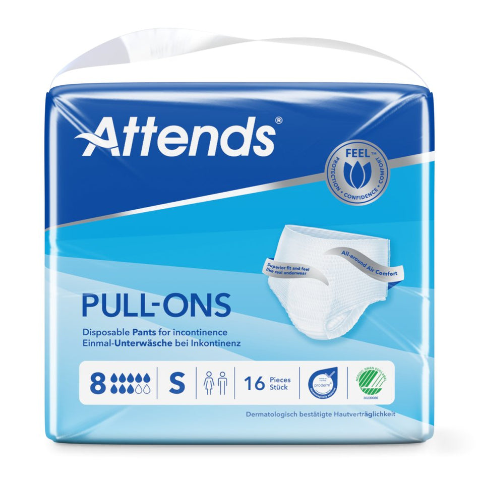 Das Bild zeigt eine Packung Attends Pull-Ons in der Größe S, gut sichtbar auf einem weißen Hintergrund. Die Front der Packung zeigt einen großen, leicht verständlichen Schriftzug “Attends Pull-Ons” in einem modernen, ansprechenden Design. Neben dem Produktnamen befinden sich Informationen zur Größe und zur optimalen Passform. Die Verpackung enthält Abbildungen, die die Saugfähigkeit und das angenehme Tragegefühl hervorheben.