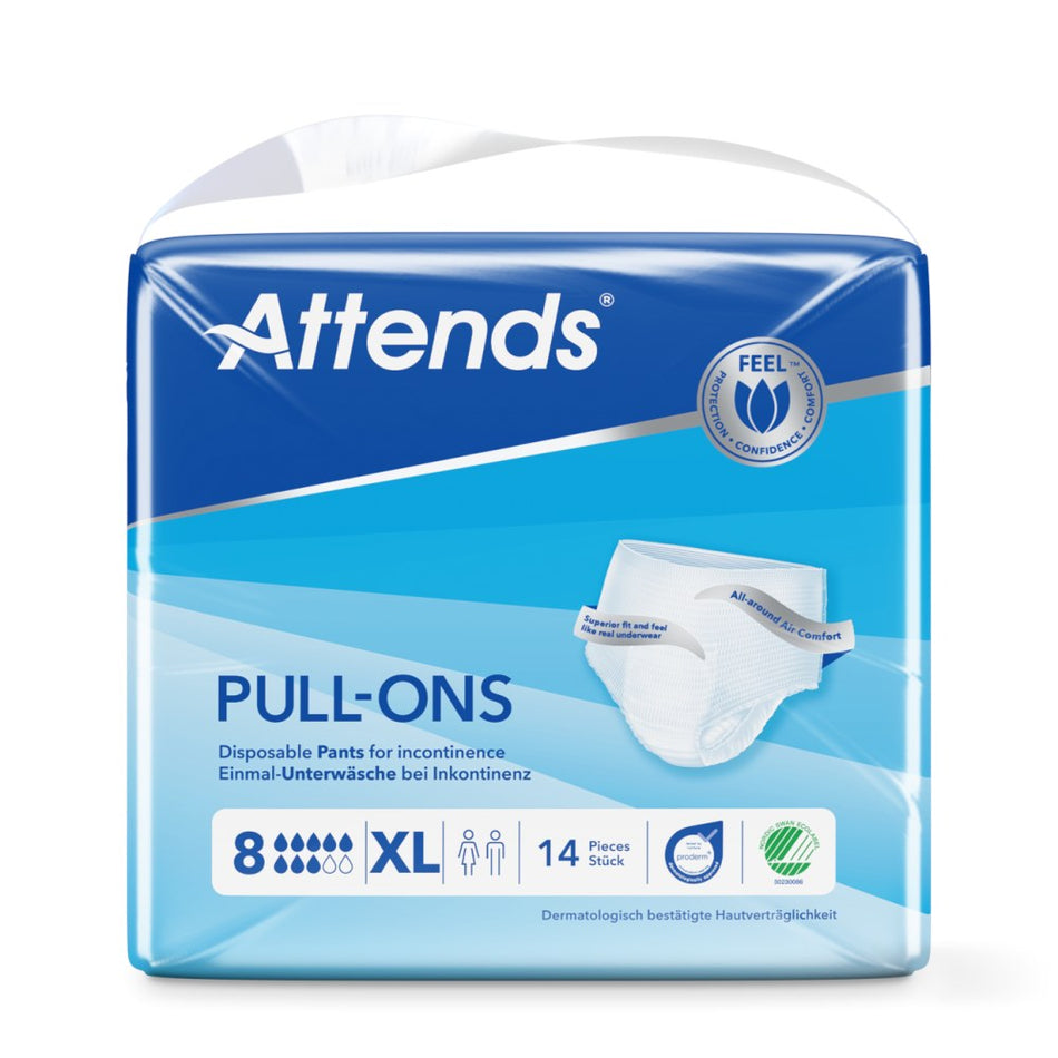 Das Bild zeigt eine Packung der Attends Pull-Ons 8 XL, einer Adult-Inkontinenzhilfe. Die Verpackung ist farbenfroh gestaltet, mit einem klaren Bild der Produkte auf der Vorderseite, welche die bequemen Pull-Ons zeigen. Die Packung enthält mehrere Einheiten und ist für Personen mit hohem Inkontinenzbedarf konzipiert. Auf dem Beutel sind wichtige Informationen wie die Größe (XL) und die Saugstärke (Stufe 8) gut lesbar.