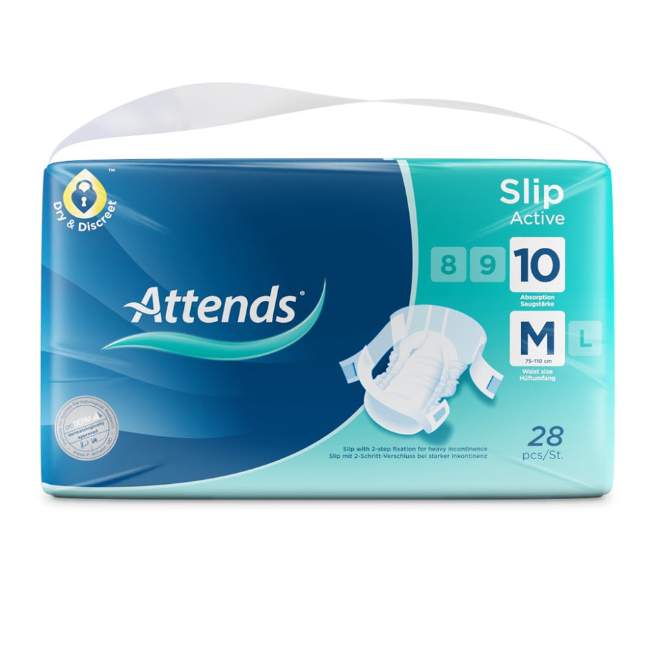 Bild eines Produkts, das eine Packung von Attends Slip Active 10 Medium Inkontinenz Pants zeigt. Die Verpackung ist in einem hellen Blau gehalten, mit weißen und grünen Akzenten. Auf der Vorderseite sind der Produktname "Attends Slip Active 10" sowie die Größe "Medium" deutlich zu erkennen. Die Illustration zeigt auch ein Bild von einem zufriedenen, aktiven älteren Mann, der einen Sportanzug trägt. Diese Illustrationen betonen die Eignung des Produkts für aktive Benutzer.