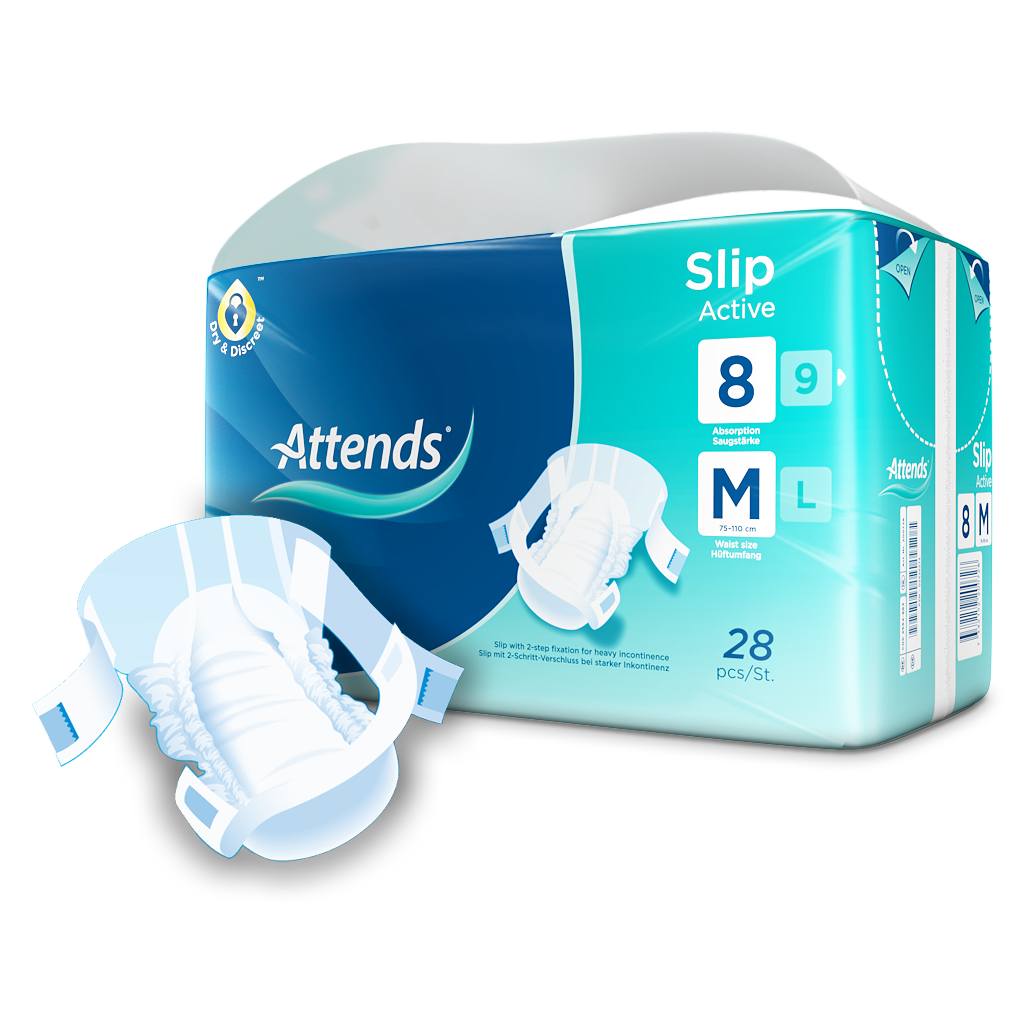 Attends Slip Active 8 Medium Inkontinenzslips Verpackung mit Produktabbildung und Tragegriff, 28 Stück"
