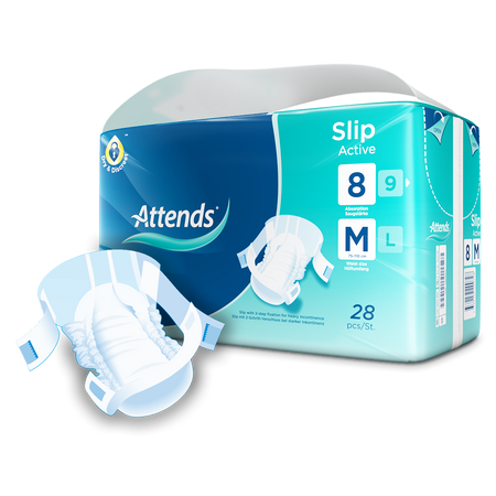 Attends Slip Active 8 Medium Inkontinenzslips Verpackung mit Produktabbildung und Tragegriff, 28 Stück"
