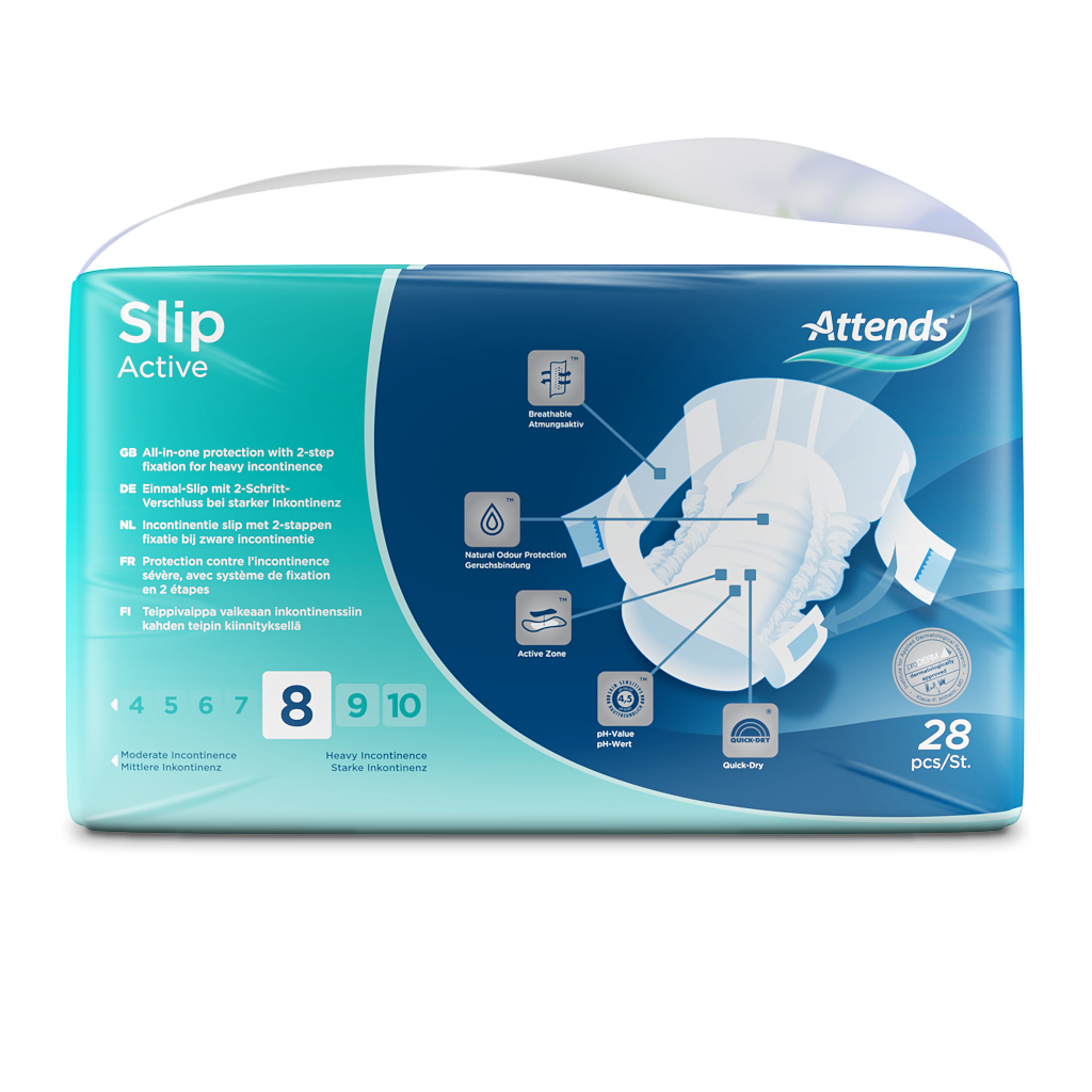 Attends Slip Active 8 Medium Inkontinenzslips Rückseite mit Produktdetails, Eigenschaften und Anwendungshinweisen