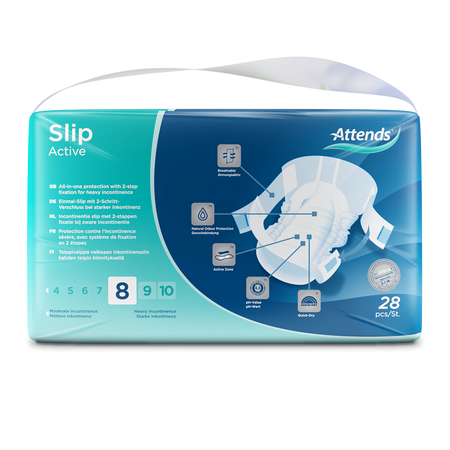 Attends Slip Active 8 Medium Inkontinenzslips Rückseite mit Produktdetails, Eigenschaften und Anwendungshinweisen