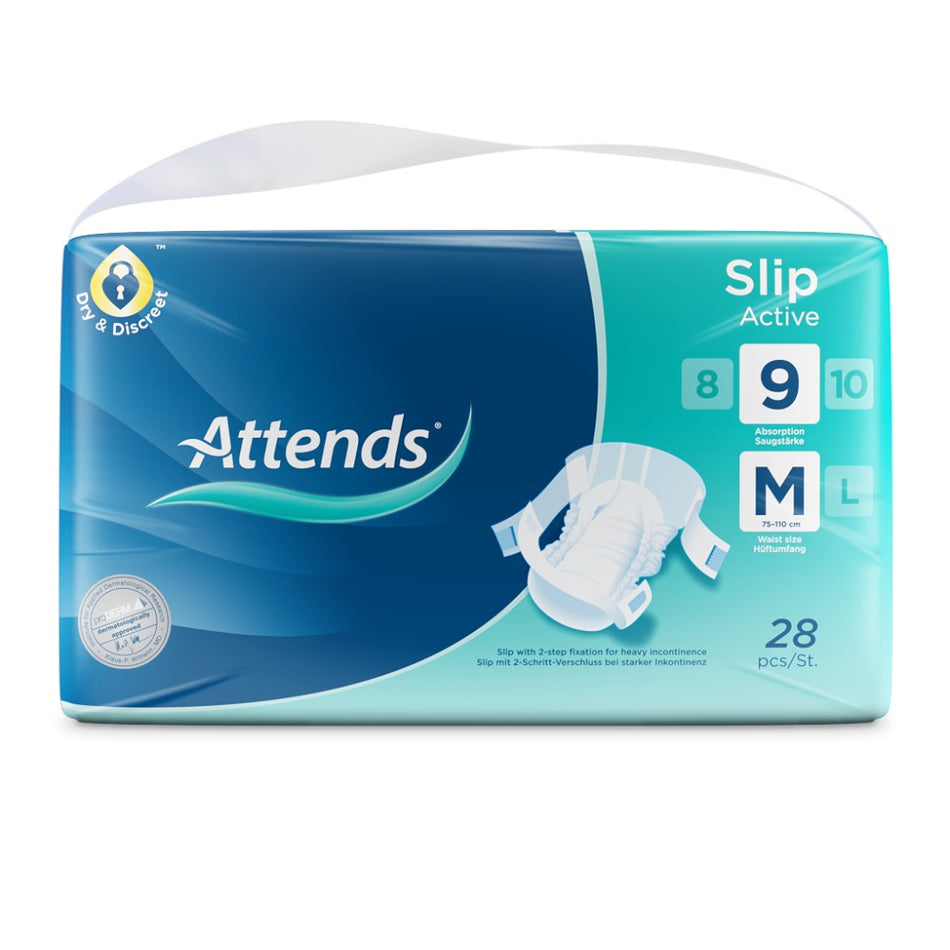 Alt-Text: Auf dem Bild ist ein Produkt zu sehen, das als Attends Slip Active 9 Medium bezeichnet wird. Es handelt sich um eine gepolsterte, atmungsaktive Inkontinenzhose, die in der Mitte gefaltet ist, sodass ihre Vorderseite sichtbar ist. Die Hose ist weiß mit einem leichten blauen Design. Die Bund- und Beinabschlüsse sind elastisch und sorgen für einen sicheren Sitz.