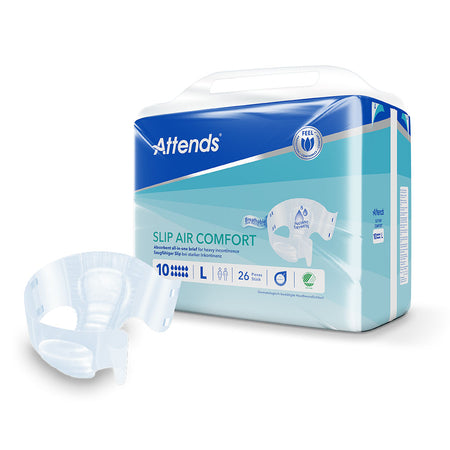 Frontalansicht einer Packung Attends Slip Air Comfort 10 L. Davor ein einzeln entnommener Slip.