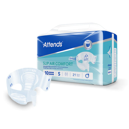 Frontalansicht einer Packung Attends Slip Air Comfort 10 S. Davor ein einzeln entnommener Slip.