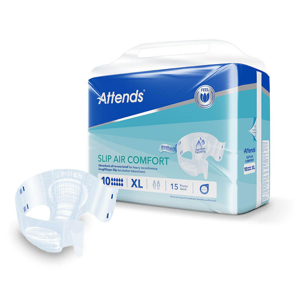 Frontalansicht einer Packung Attends Slip Air Comfort 10 XL. Davor ein einzeln entnommener Slip.