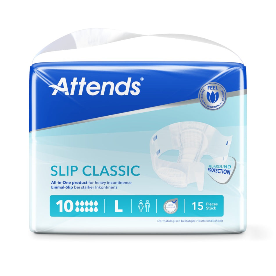 Ein Bild zeigt eine Packung Attends Slip Classic 10 in der Größe L. Die Verpackung ist überwiegend in Blau und Weiß gehalten. Auf der Vorderseite ist das Produkt klar abgebildet, zusammen mit dem Produktnamen „Attends Slip Classic 10“ und der Größenangabe „Large“. Das Design vermittelt ein Gefühl von Komfort und Sicherheit. Im Hintergrund ist ein dezenter, heller Farbverlauf zu sehen.