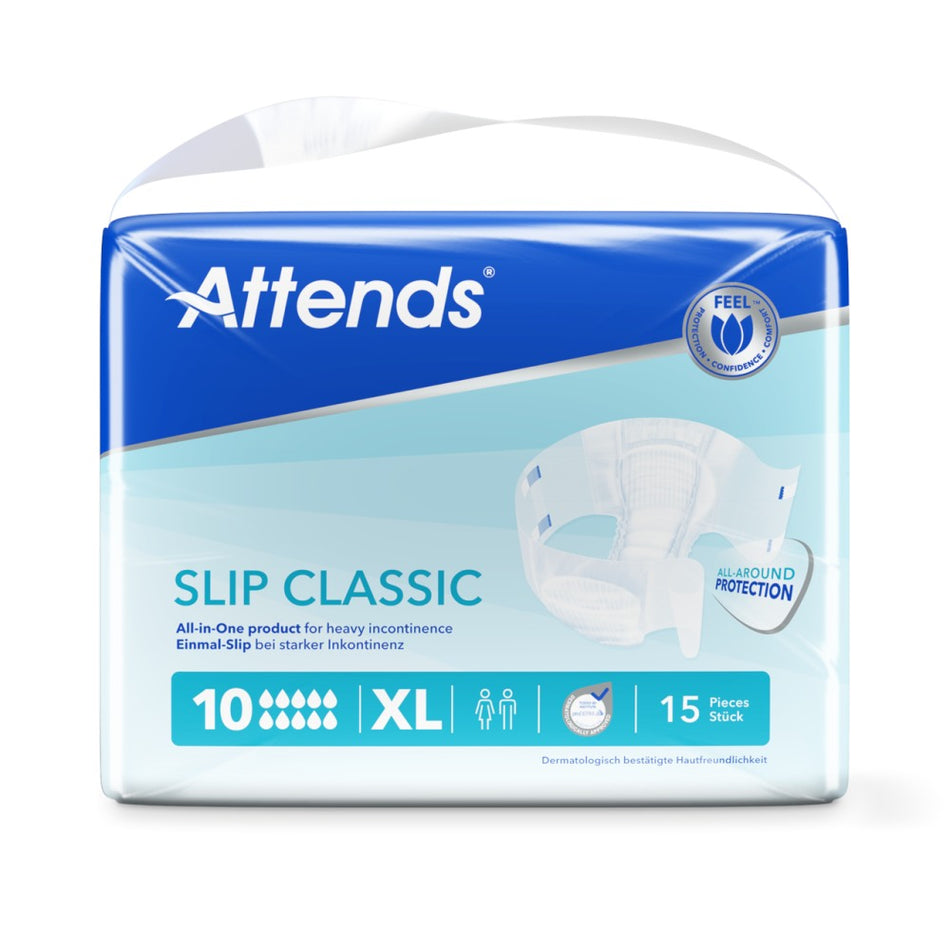 Bildbeschreibung eines Produkts für erwachsene Inkontinenz: Zu sehen ist ein Paket mit "Attends Slip Classic 10 XL", das in einer klaren, ansprechenden Verpackung präsentiert wird. Die Vorderseite zeigt den Produktnamen in großen, gut lesbaren Buchstaben sowie eine grafische Darstellung des Produkts, die seine Vorteile hervorhebt. Der Hintergrund ist hell und neutral, wodurch die Verpackung zur Geltung kommt.