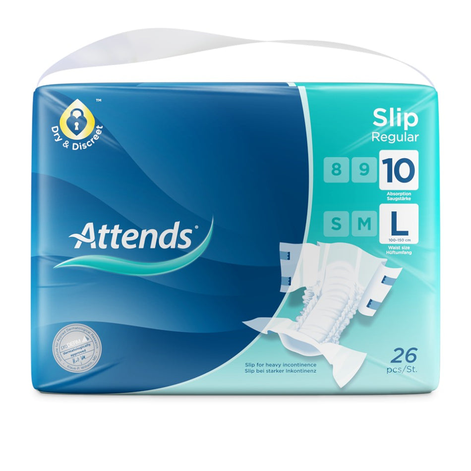 Attends Slip Regular 10 ist eine verpackte Inkontinenzhilfe in Größe L. Die Verpackung zeigt das Produkt, das auf einem weißen Hintergrund präsentiert wird. Die Vorderseite zeigt Informationen zu den Eigenschaften, wie hohe Saugfähigkeit und einen komfortablen Sitz. Im oberen Bereich der Verpackung sind das Produktlogo und die Produktbezeichnung in klarer Schrift abgebildet.
