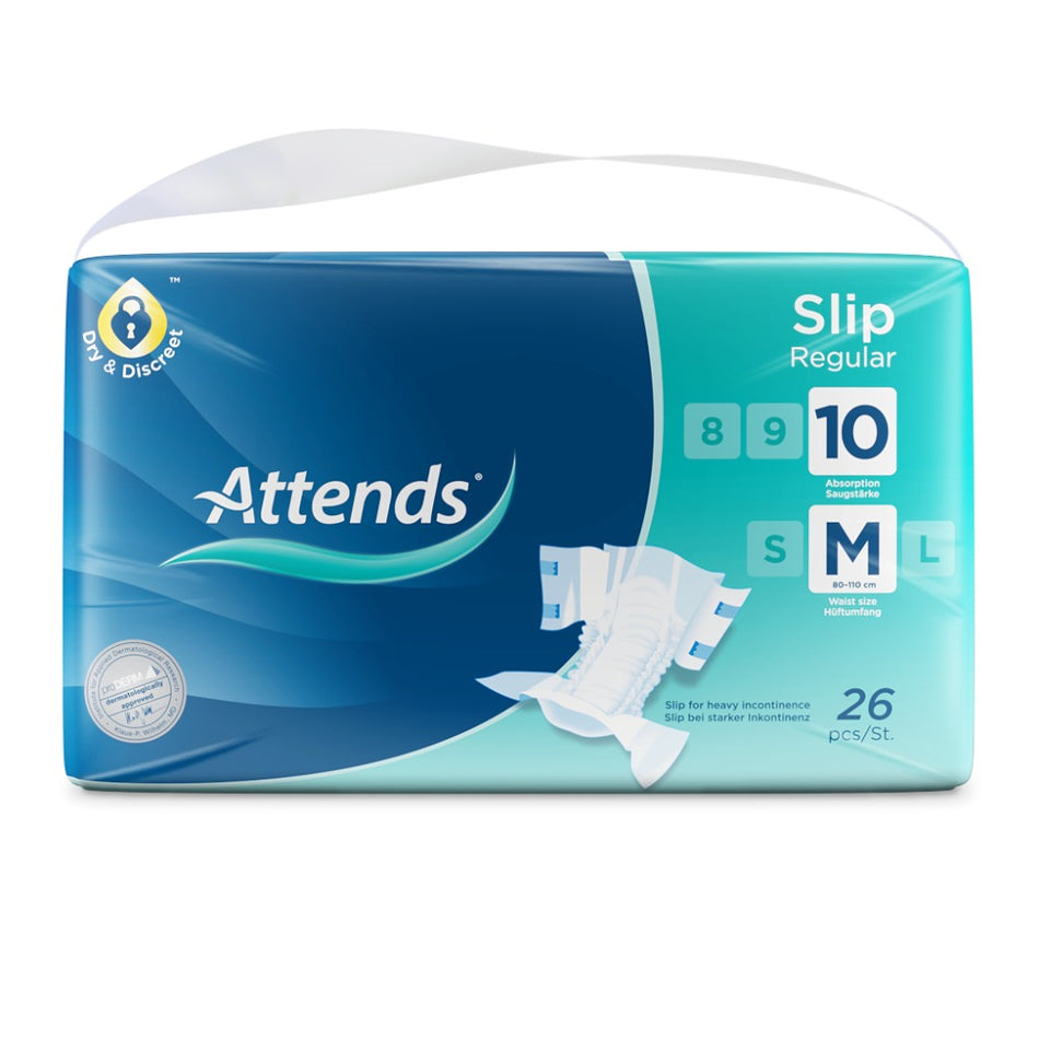 Bild eines Attends Slip Regular 10 in der Größe Medium. Der Slip ist in einer weißen, diskreten Farbe gehalten und zeigt eine weiche, atmungsaktive Oberfläche mit einem seitlichen Aufdruck des Markenlogos. Im Hintergrund ist eine Verpackung zu sehen, die die Produktdetails betont. Der Slip hat elastische Bündchen für einen sicheren Sitz und Schutz, sowie eine saugfähige Schicht für optimalen Komfort. Ideal für Erwachsene mit Inkontinenzbedarf.