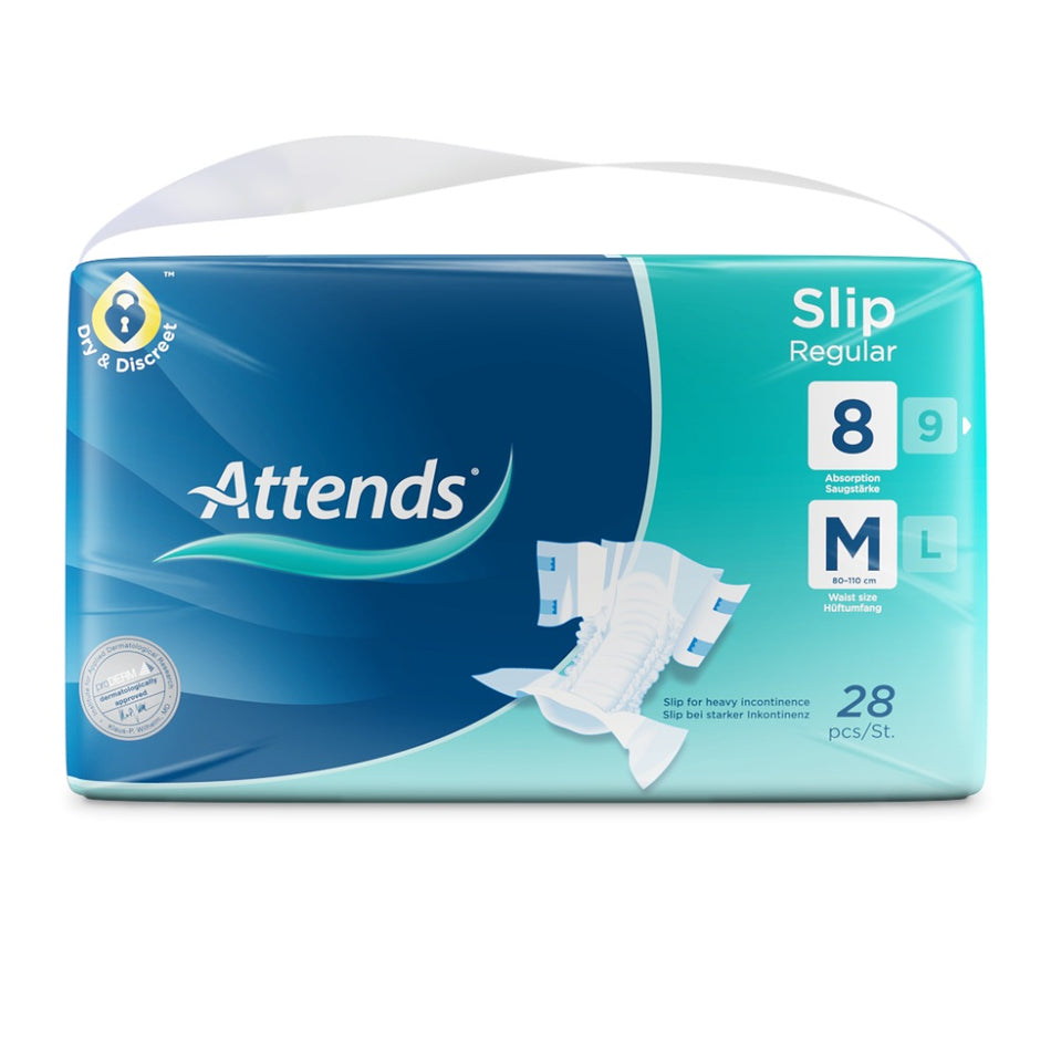 Ein Produktbild zeigt eine Packung Attends Slip Regular 8 Medium. Die Vorderseite der упаковки zeigt klare Informationen über den Produktnamen, die Größe (Medium) und die Anzahl der enthaltenen Stücke. Die Verpackung ist in einem weißen und blauen Farbschema gehalten und vermittelt einen hygienischen Eindruck. Am unteren Rand ist ein abgebildetes Modell zu sehen, das die Anwendung demonstriert. Im Hintergrund ist eine sanfte, blande Farbgebung zu erkennen, die den Fokus auf das Produkt lenkt.