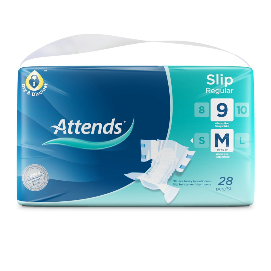 Ein Paket mit Attends Slip Regular 9 Medium Inkontinenzslips, das auf einem neutralen, hellen Hintergrund abgebildet ist. Das Paket enthält 10 Stück und ist klar sichtbar beschriftet. Die Vorderseite des Pakets zeigt ein ansprechendes Design mit einem blau-weißen Farbschema und enthält Informationen zu Größe und Produkttyp. Im Hintergrund sind teilweise einige der Slips angedeutet, die eine weiche, atmungsaktive Oberfläche haben.