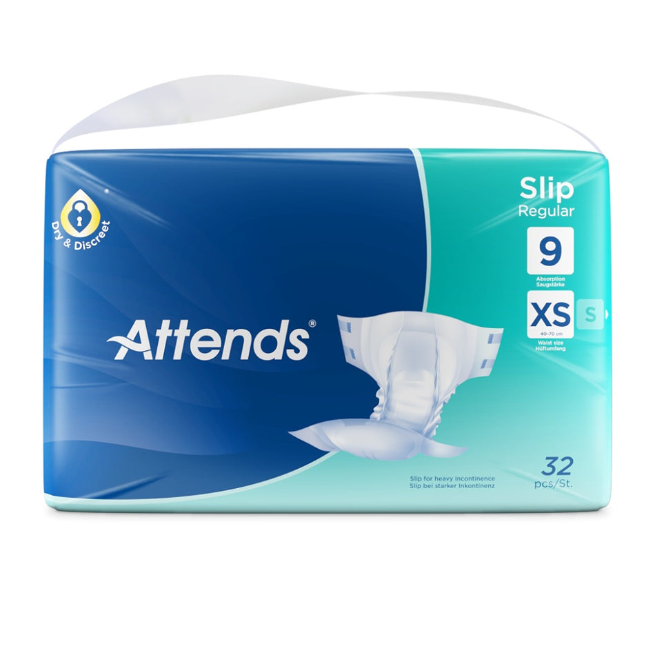 Ein Produktbild zeigt eine Packung mit Inkontinenzslips der Marke Attends. Die Packung ist in einem klaren Sichtdesign gehalten und enthält das Produkt in der Größe "X-Small". Vorderseitig sind die wichtigsten Informationen wie die Größe, die Art des Produkts und die Anzahl der Stücke gut sichtbar platziert. Der Hintergrund ist weiß, was die Farben der Packung hervorhebt. Der Produkttyp wird durch ein passendes Icon symbolisiert.