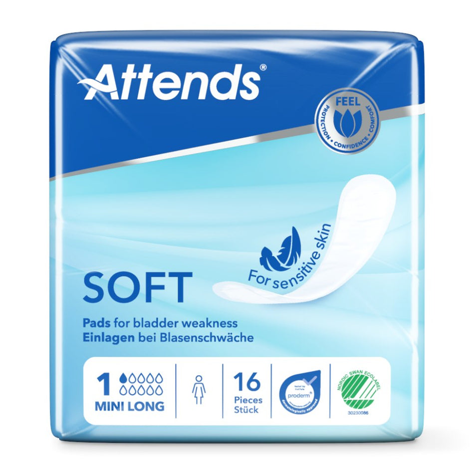 Weißer, schmaler Hygieneartikel, speziell für den Inkontinenzschutz, mit einem sanften, textilen Obermaterial. Das Produkt ist in einer Mini-Größe mit längerer Form präsentiert, die an den Seiten leicht gerundet ist. Die Oberflächenstruktur erscheint weich und angenehm, mit feinen, unauffälligen Mustern. Auf der Vorderseite sind mehrere Marken- und Produktinformationen sichtbar, die in unterschiedlichen Sprachen aufgedruckt sind.