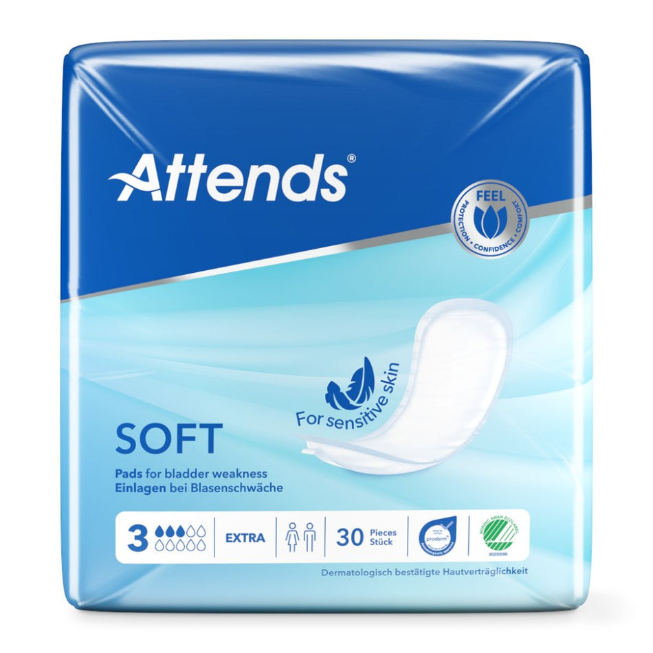 Ein Paket der Attends Soft 3 Extra Einlagen in der Ansicht von vorne. Das Produkt wird in einer blauen Umverpackung präsentiert, die mit weißen und grünen Designelementen versehen ist. Auf der Vorderseite sind klare Produktinformationen abgebildet, darunter die Bezeichnung "Soft 3 Extra Einlagen" sowie die Anzahl der Einlagen, "30 Stück". Der Hintergrund ist hell und freundlich, was dem Produkt ein einladendes Erscheinungsbild verleiht.