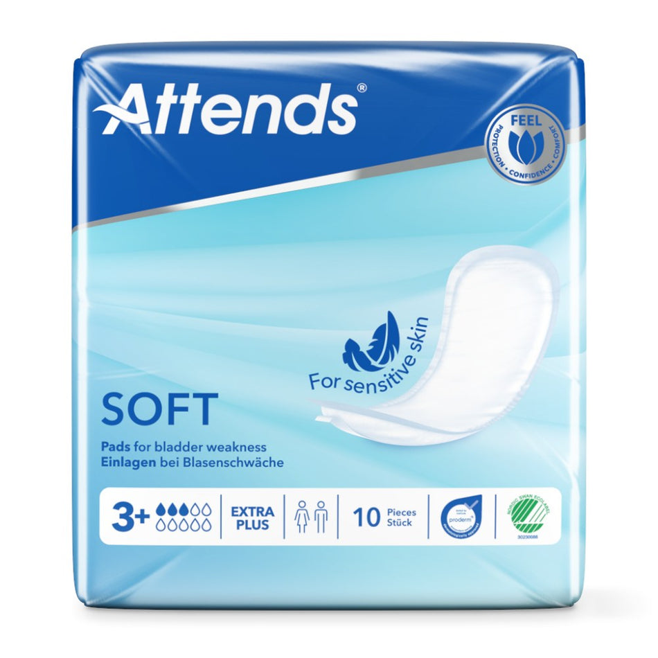 Ein Produktbild zeigt eine Packung der "Attends Soft 3 Extra Plus" Inkontinenzprodukte. Die Vorderseite der Verpackung ist hellblau mit einem klaren Bild des Produkts, das frische, hygienische Eigenschaften betont. Der Schriftzug "Attends Soft 3 Extra Plus" ist prominent platziert, begleitet von Symbolen, die Saugkraft, Komfort und Diskretion darstellen. Die Seitenansicht zeigt zusätzliche Informationen über die Produktmerkmale und die Verpackungsgröße.
