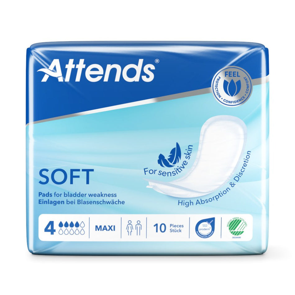 Alt-Text: Produktbild zeigt das Attends Soft 4 Maxi Einlagenpack mit 10 Stück. Die Einlagen sind in einer transparenten Verpackung zu sehen, die auf einem neutralen Hintergrund liegt. Die Vorderseite der Verpackung zeigt das Logo "Attends" sowie den Produkttyp "Soft 4 Maxi" und die Anzahl der Einlagen. Die Einlagen selbst sind in einem sanften Weißton dargestellt, mit abgerundeten Ecken. Der Hintergrund fällt unauffällig aus, um den Fokus auf die Einlagen zu richten.