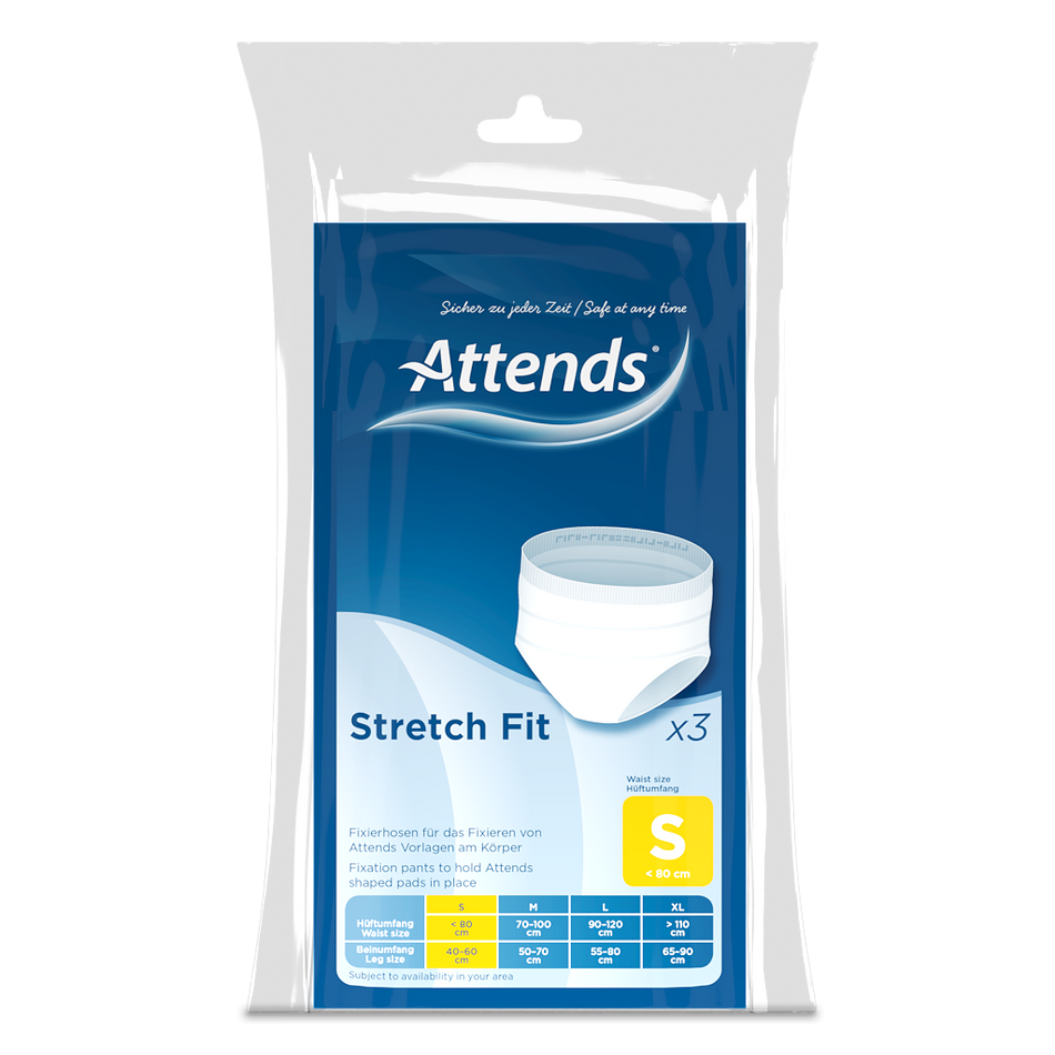 Bild von Attends Stretch Fit Pants in Größe S. Die Pants sind aus einem weichen, flexiblen Material gefertigt und zeigen eine sanfte, elastische Bundkante, die für einen komfortablen Sitz sorgt. Sie sind in einem hellen Farbton gehalten und bieten eine diskrete Passform. Die Vorderansicht zeigt keine sichtbaren Nähte oder Muster, was die Ästhetik unterstreicht. Diese Pants sind speziell für Personen mit Inkontinenz entwickelt und fördern sowohl Komfort als auch Sicherheit im Alltag. Ideal für aktive Nutzer.