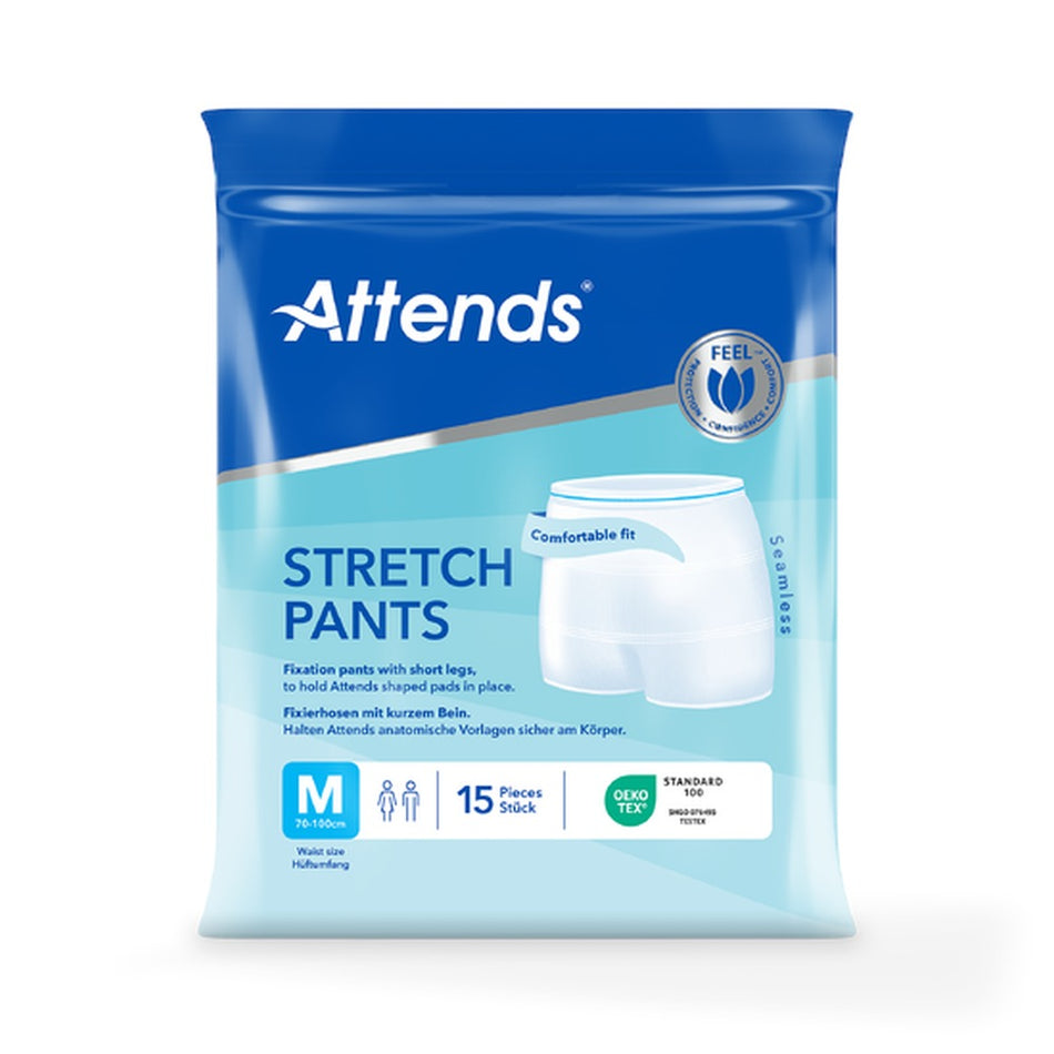 Das Produktbild zeigt eine Packung mit Stretch-Hosen in Medium-Größe, welche für die Inkontinenzpflege geeignet sind. Die Hosen sind in einem hellen Blauton gehalten und bestehen aus einem weichen, dehnbaren Material. Im Vordergrund sind die Hosen ausgelegt, um die Form und den Schnitt zu zeigen. Die Packung ist transparent, sodass der Kunde die Hosen gut erkennen kann. Auf der Verpackung sind Produktinformationen sowie das Markenlogo deutlich sichtbar.