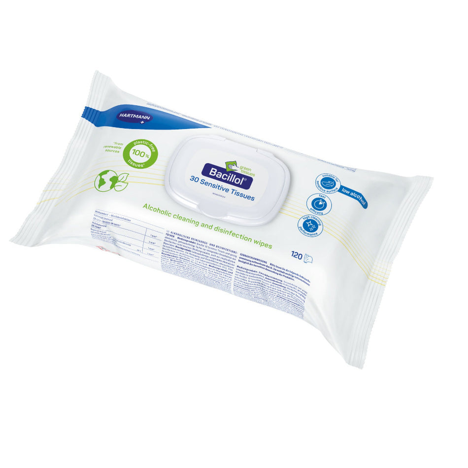 Verpackung der Bacillol 30 Sensitive Green Tissues – wiederverschließbares Flowpack mit 120 alkoholhaltigen Desinfektionstüchern für empfindliche Oberflächen.