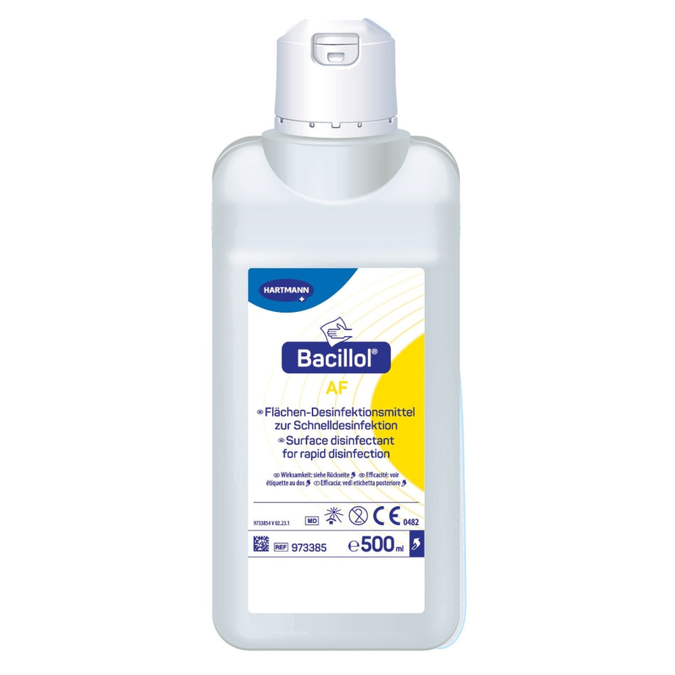 Flasche mit Bacillol AF Desinfektionsmittel, 500 ml, im Vordergrund. Die transparente Flasche hat eine pumpbare Spenderöffnung und ist mit einem weißen, angebrachten Etikett versehen. Auf dem Etikett sind die wichtigsten Informationen zum Produkt in deutscher Sprache abgebildet, darunter Inhaltsstoffe und Anwendungshinweise. Die Flasche steht auf einem neutralen Hintergrund, der das Produkt ins Zentrum der Aufmerksamkeit drückt.