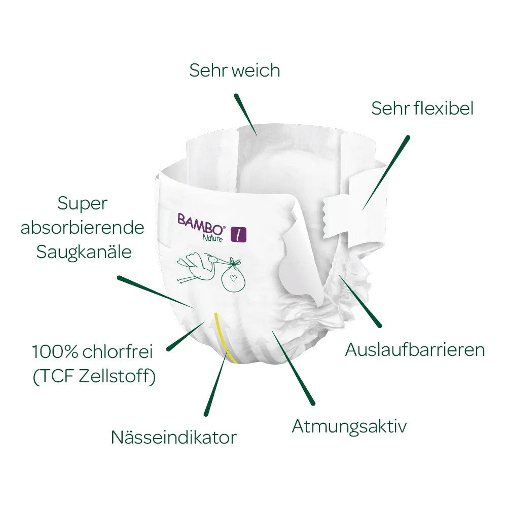 Bambo Nature Windeln, Größe 1 (XS), geeignet für Neugeborene mit einem Gewicht von 2-4 kg. Die Verpackung zeigt eine helle, umweltfreundliche Gestaltung mit einer Illustration eines lächelnden Babys, das freudig in einer Wiese spielt. Die Windeln sind als hautfreundlich und ökologisch beworben, mit einem klaren Hinweis auf ihre hypoallergenen Eigenschaften. Die Verpackung enthält zudem Informationen zu den Inhaltsstoffen und den Anwendungshinweisen.
