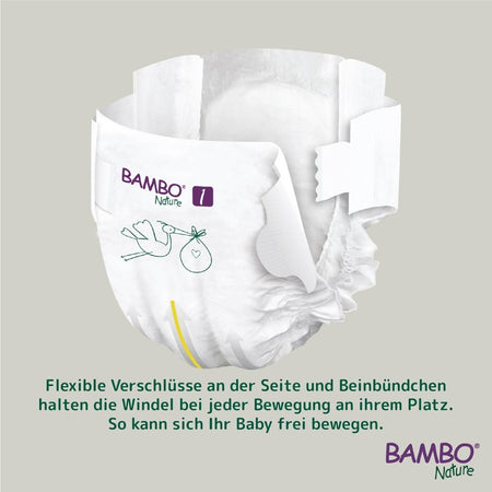 Bambo Nature Windeln der Größe 1 (XS) für Neugeborene mit einem Gewicht von 2-4 kg. Die Verpackung zeigt ein helles, freundliches Design mit einem Bild eines glücklichen, lächelnden Babys und bunten, grafischen Elementen. Die Windeln sind biologisch abbaubar und enthalten keine schädlichen Chemikalien. Auf der Verpackung sind wichtige Informationen wie die Größe, der Gewichtsbereich, sowie das Umweltsiegel deutlich hervorgehoben.