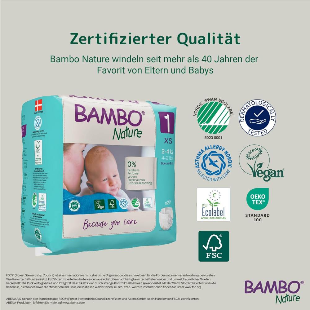 Bild zeigt ein Paket der Bambo Nature Windeln in Größe 1 (XS) für Babys von 2-4 kg. Die Windeln sind auf der Vorderseite sichtbar und zeigen ein umweltfreundliches, strapazierfähiges Design mit einem Abziehbild in hellen Farben. Das Paket weist die Marke "Bambo Nature" sowie die spezifische Größe und das Gewichtsspektrum in klarer Schrift aus. Im Hintergrund ist eine sanfte, neutrale Farbe zu sehen, die das Produkt hervorhebt.