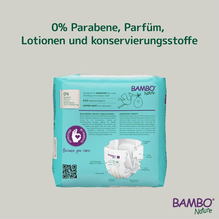 Bambo Nature Windeln Größe 1 (XS, 2-4 kg) in einer ansprechend gestalteten Verpackung. Die Windeln sind in einem umweltfreundlichen, hellgrünen Design gehalten, welches Nachhaltigkeit symbolisiert. Auf der Vorderseite sind kindliche Illustrationen sowie das Logo von Bambo Nature abgebildet. Die Vorderseite präsentiert Informationen über die Größe und das Gewicht, für das die Windeln geeignet sind.