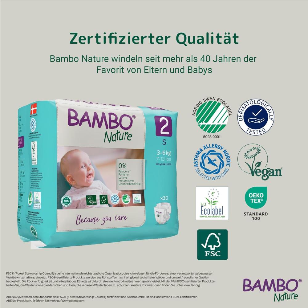 Produktbild der Bambo Nature Windeln in Größe 2 für Kinder von 3 bis 6 kg. Die Windeln sind in einer umweltfreundlichen Verpackung präsentiert, die hauptsächlich in sanften Grüntönen gehalten ist. Auf der Vorderseite der Verpackung ist das Logo von Bambo Nature sichtbar, begleitet von einer grafischen Darstellung eines lächelnden Babys und Informationen zu Größe und Gewicht.
