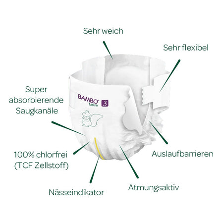 Das Bild zeigt eine Packung Bambo Nature Windeln der Größe 3, geeignet für Babys mit einem Gewicht von 4 bis 8 kg. Die Verpackung ist farbenfroh und umweltfreundlich gestaltet, mit einem klaren Hinweis auf die Größe und das Gewicht. Auf der Vorderseite sind ein sanft lächelndes Baby und das Zertifikat für biologische Abbaubarkeit abgebildet. Im Hintergrund sind leichte, natürliche Muster angenommen.
