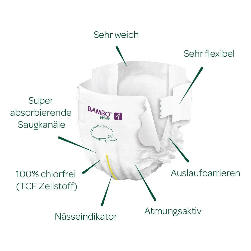 Bildbeschreibung: Eine Packung Bambo Nature Windeln der Größe 4 ist abgebildet. Die Windeln sind für Babys mit einem Gewicht von 7-14 kg geeignet. Die Verpackung zeigt ein ansprechendes, umweltfreundliches Design mit grünem Schriftzug und einem Bild eines glücklichen Kleinkindes. Die Windeln sind in einem Reihe von bunten, spielerischen Motiven dargestellt. Die Verpackung betont die sanften, hypoallergenen Eigenschaften der Windeln und enthält Informationen zu den ökologischen Vorteilen.