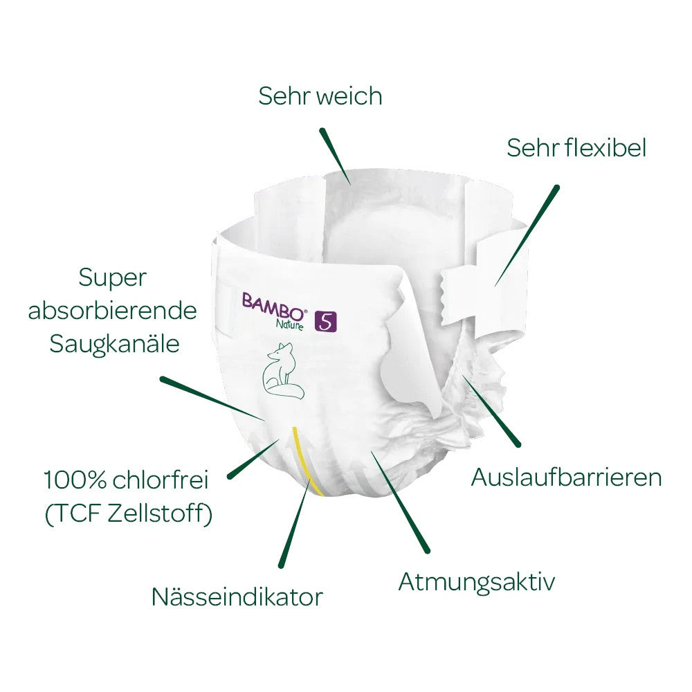 Das Bild zeigt eine Verpackung von Bambo Nature Windeln in der Größe 5 (XL) für Babys und Kleinkinder mit einem Gewicht von 12-18 kg. Die Packung ist farbenfroh gestaltet, in grünen und blauen Tönen, und zeigt ein glückliches, lächelndes Kind in der Mitte. Der Markenname "Bambo Nature" ist klar lesbar, und unterhalb sind Informationen zur Größe und zum Gewicht des Kindes abgebildet. Die Verpackung betont umweltfreundliche Eigenschaften und den hohen Komfort der Windeln.